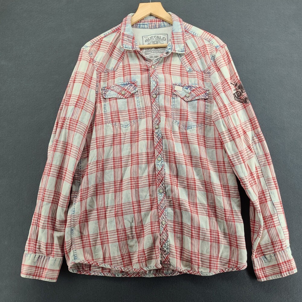 Buffalo David Bitton Western Pearl Snap Shirt Mens L Red Plaid Acid Wash LS